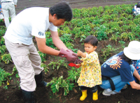 子供と畑仕事している様子